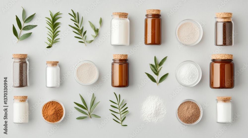 Assorted spices and herbs in glass containers on a neutral background Assorted spices and herbs in glass containers on a neutral background