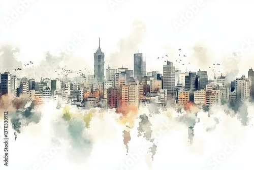 Watercolor Cityscape Urban Skyline Panorama.
