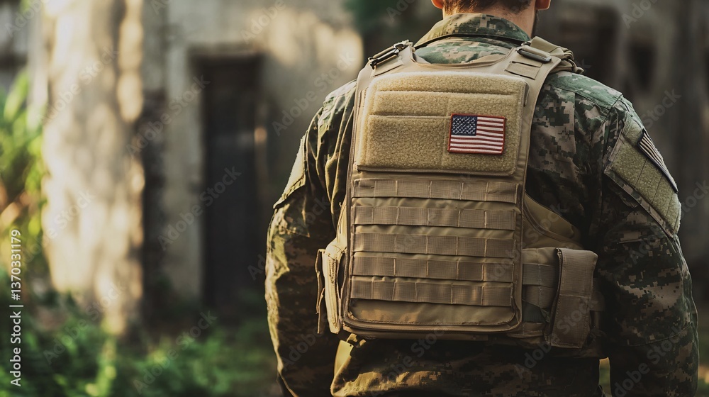 Fototapeta premium Kevlar Tactical Vest Displayed with Military Patches in Dynamic Barracks Background