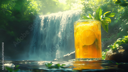 Refreshing drink beside a tranquil waterfall in a lush forest during midday
