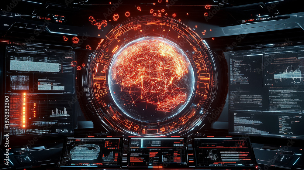 Futuristic spherical dashboard featuring a neural network visualization, with glowing cryptocurrency particles orbiting a 3D globe. The minimalist HUD interface provides a sleek, high-tech display