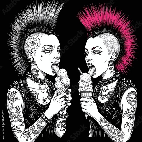 Punk Rock Ice Cream: Two punk rock women, each sporting a mohawk and edgy tattoos, delight in ice cream, presenting a vibrant blend of rebellious spirit and unconventional delight.