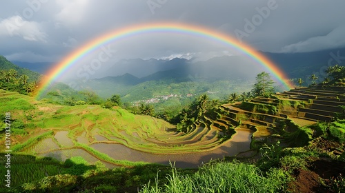 Fototapeta Naklejka Na Ścianę i Meble -  A rainbow arching over rice terraces after a light summer rain