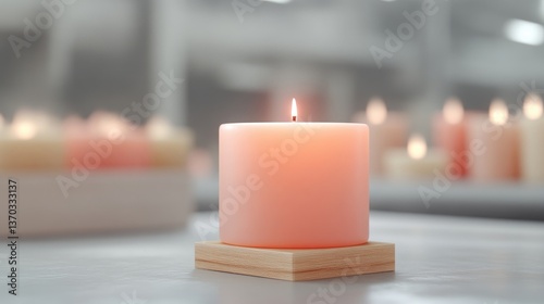Soft peach candle on wooden stand, surrounded by other candles
