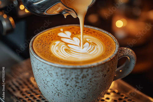 close up of milk pouring flower pattern in a cappuccino