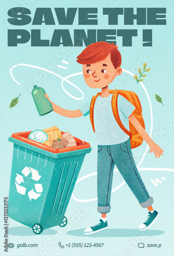 banner with hand drawn illustration of schoolboy handing in trash for recycling