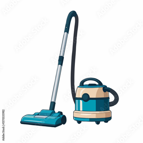 Retro canister vacuum cleaner with long hose and metal tube, isolated on transparent  background, side view