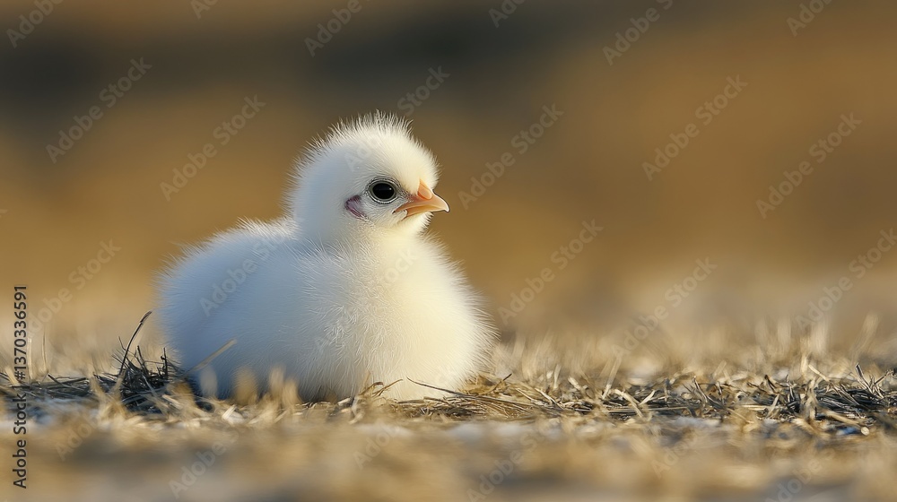 Fototapeta premium A baby Silkie chicken resting in a sunlit field, its fluffy white feathers glowing under the warm rays.