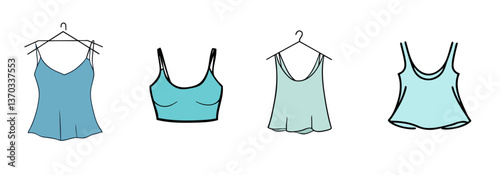 Vector illustration of four different women's tank tops on hangers