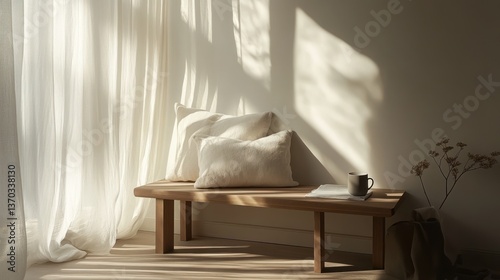 Natural light streams into a minimalist corner with a wooden bench, cream pillows, and a touch of rustic charm