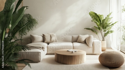 Modern, minimalist living room with natural elements.  A serene space filled with lush greenery, neutral tones, and comfortable seating.  