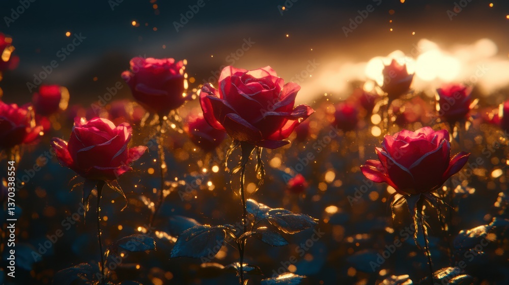 Obraz premium Enchanted Rose Garden at Sunset: A Dreamlike Field of Crimson Blooms