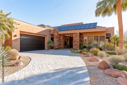 Modern Solar Panels Installed on Home in Yuma, Arizona, Clean Energy Under Clear Blue Sky, Sustainable Power Source, Solar Electricity, Renewable Energy, Solar Home Installation