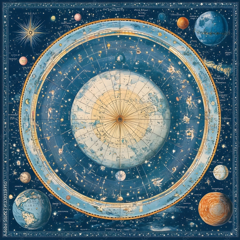 Fototapeta premium Celestial Earth Map, Zodiac, Planets