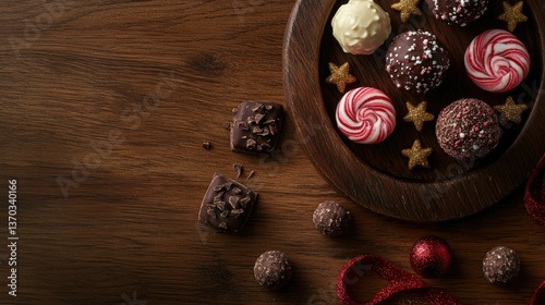 A festive holiday-themed display of peppermint candies and chocolate truffles on a wooden background.