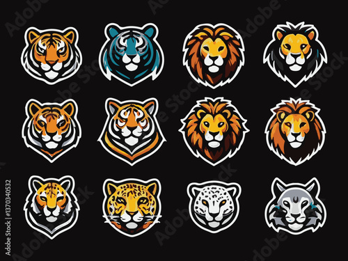Cartoonish Animal Head Logos Tiger, Lion, Leopard, Jaguar, Panther with Outline Set
