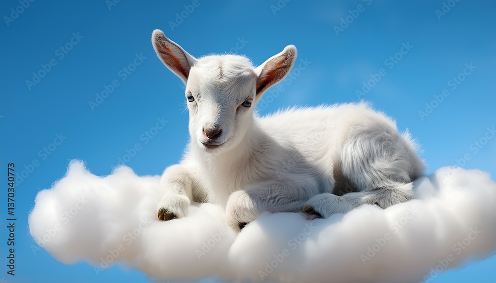 Fototapeta premium Serene moment of a baby goat sleeping on a cloud beneath a radiant blue sky