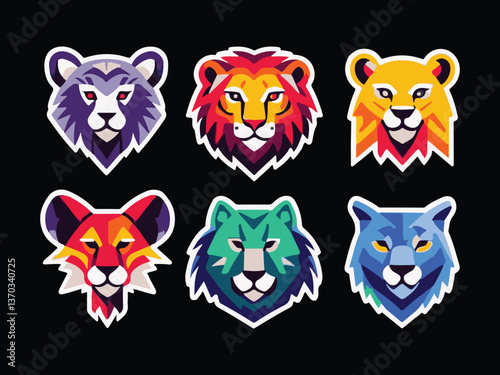 Geometric Animal Heads with White Border Stickers. Creative Colorful Design