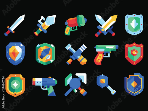 Isometric Game Assets Swords, Shields, Pistols, and Crossbones on a Transparent Background