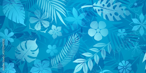 A vibrant vector illustration featuring tropical leaves and flowers in rich blue tones, perfect for summer-themed designs.