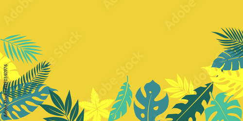 Yellow background with blue and green tropical leaves, vector illustration with a vibrant, summery feel.