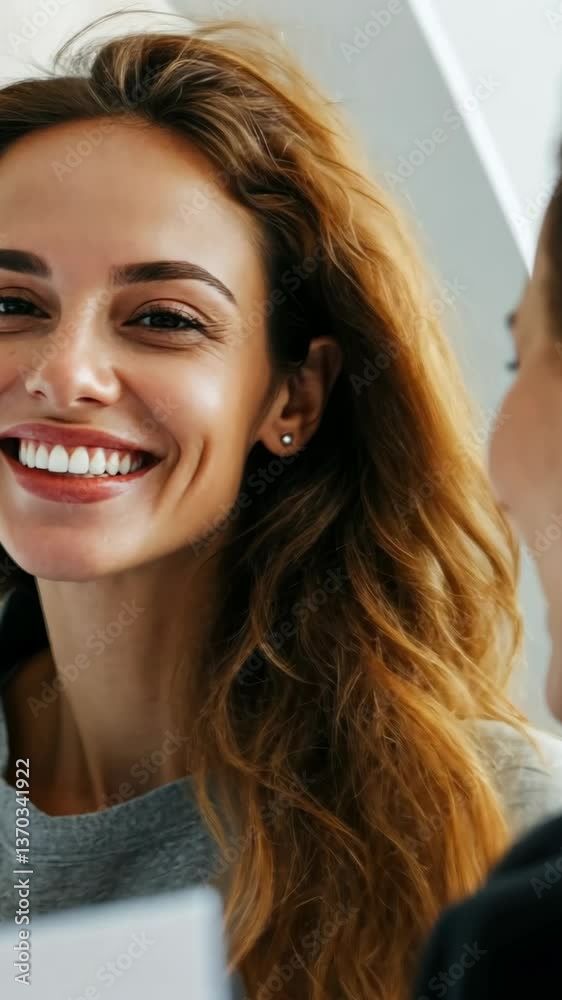 Smiling woman engages in a cheerful conversation in a cozy indoor setting Smiling woman engages in a cheerful conversation in a cozy indoor setting