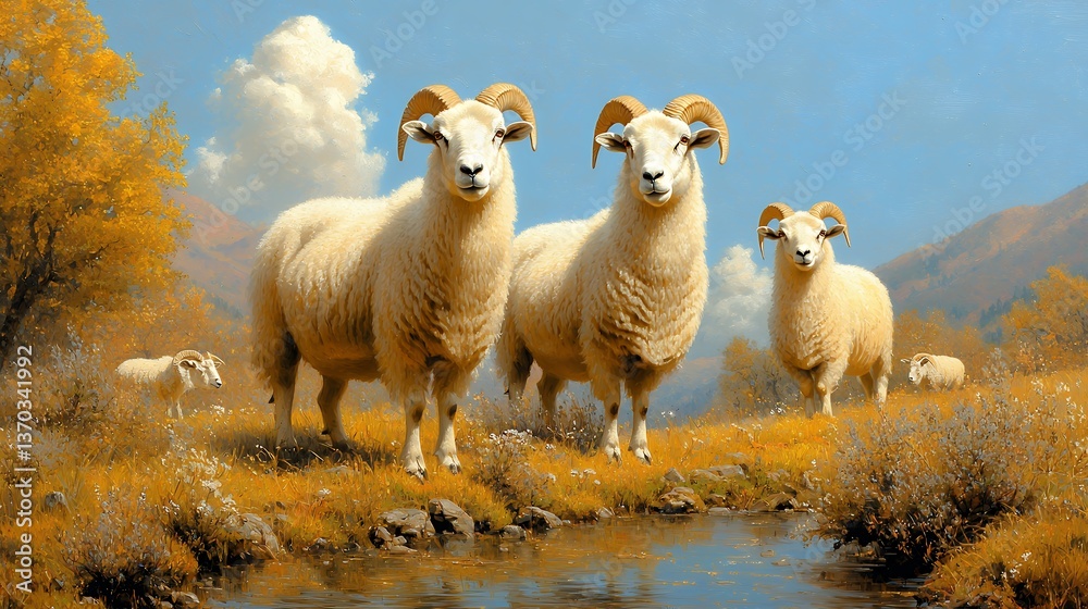Fototapeta premium Majestic Rams and Ewes Grazing Serenely by Autumnal Stream in Mountain Landscape