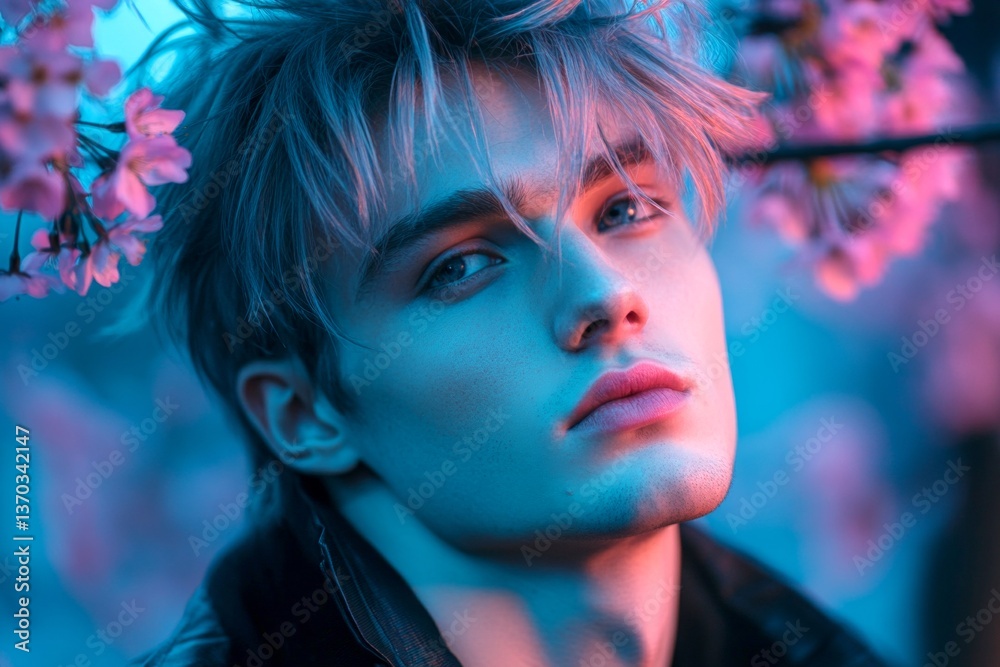 Dark night and warm mystic light - complementary lighting, spring mood conceptual art. Handsome young man inhaling the aromatic of cherry blossoms. Stylish man with cherry blossoms. Dark night and warm mystic light - complementary lighting, spring mood conceptual art. Handsome young man inhaling the aromatic of cherry blossoms. Stylish man with cherry blossoms.