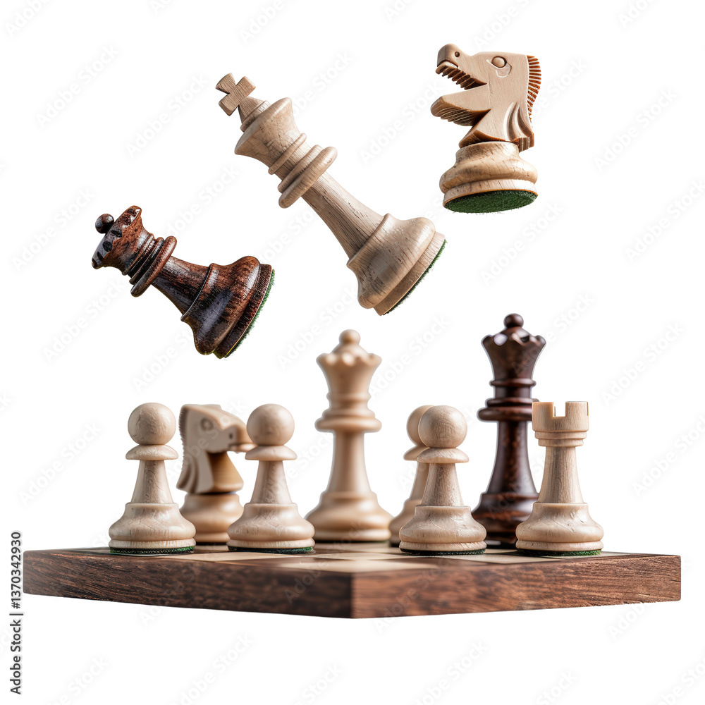 Dramatic Chess Game with Floating King and Knight Pieces in Mid-Air on Wooden Board Dramatic Chess Game with Floating King and Knight Pieces in Mid-Air on Wooden Board