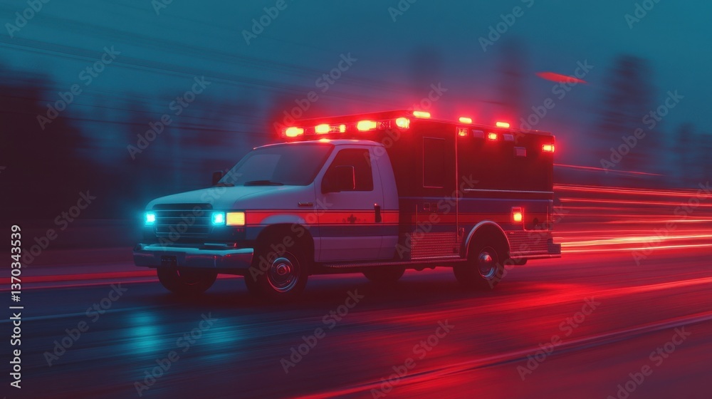 Emergency medical response vehicle with flashing lights speeding through a city at night, showcasing urgency and action in a blurred motion effect Emergency medical response vehicle with flashing lights speeding through a city at night, showcasing urgency and action in a blurred motion effect