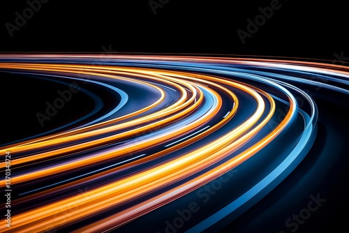 Long Exposure of Vehicle Light Trails on Highway at Night, Dynamic Car Movement, Highway Traffic at Night, Fluid Lines and Curves, Nighttime Road Photography, Light Trails