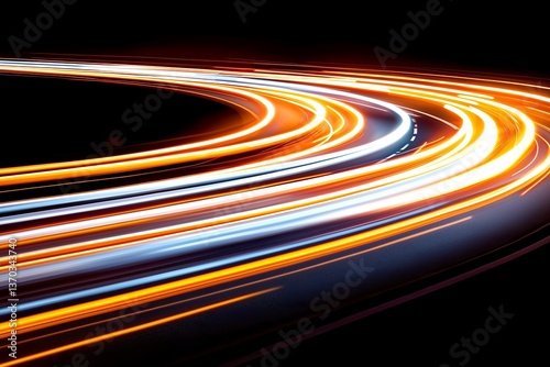 Long Exposure of Vehicle Light Trails on Highway at Night, Dynamic Car Movement, Highway Traffic at Night, Fluid Lines and Curves, Nighttime Road Photography, Light Trails