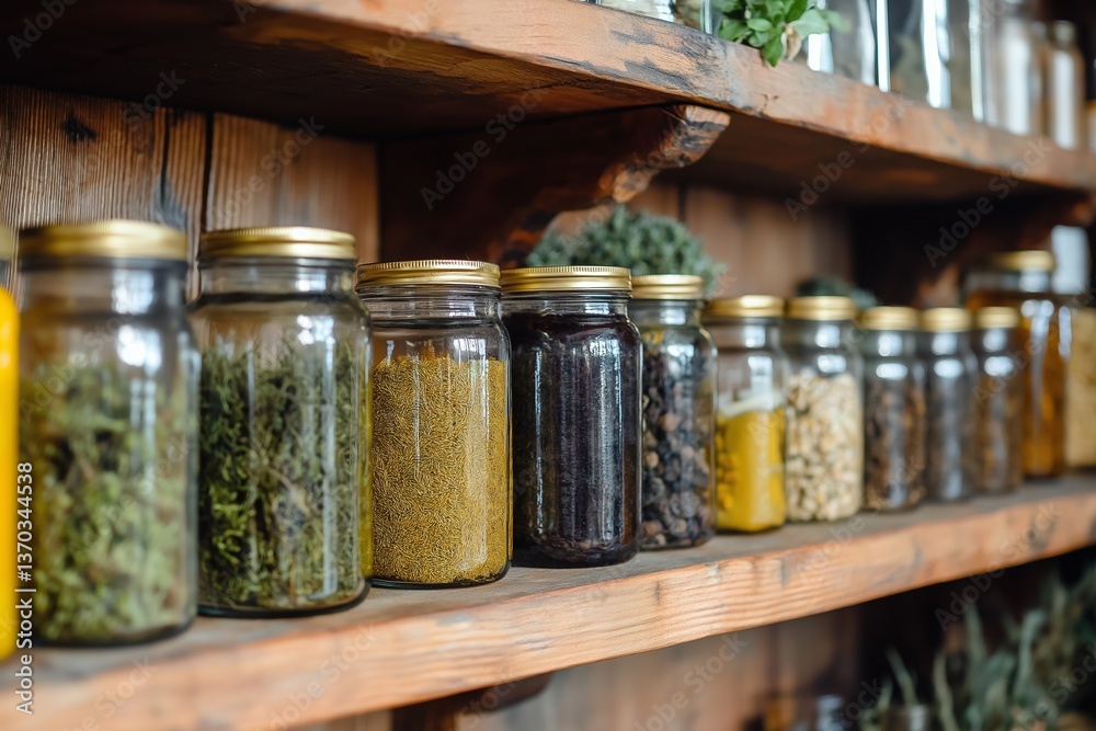 A vibrant array of herbs in jars on rustic shelves illustrates the beauty of nature's bounty and wellness. A vibrant array of herbs in jars on rustic shelves illustrates the beauty of nature's bounty and wellness.