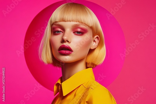 A blond model showcases yellow fashion in an editorial shoot.