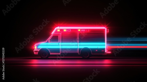 Neon Ambulance with Bright Lights in Motion on Dark Background Representing Emergency Medical Response and Urban Nightlife Vibes