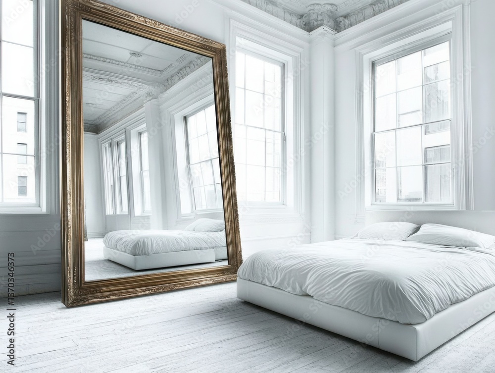 Fototapeta premium Gorgeous large gold-framed mirror leaning against the wall of an empty white bedroom with a modern bed and pillows. Soft daylight streams through the windows, wide angle.
