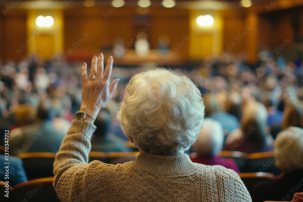 Fototapeta premium Senior woman actively participating in a town hall meeting.