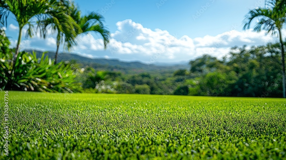 A lush green field with a view of mountains in the background. The sky is clear and blue, and there are palm trees in the foreground A lush green field with a view of mountains in the background. The sky is clear and blue, and there are palm trees in the foreground