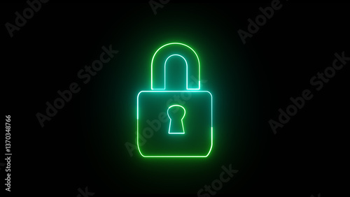 Glowing green and blue neon simple padlock lock. Lock icon protection safety security privacy password circle closed sign symbol