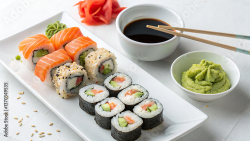 Sushi and rolls, on a white plate, with sauces