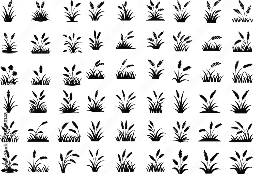 Vector set of green grass silhouettes isolated on white background. Natural, eco, bio, organic. Realistic green grass. Bushes of fresh greens. Spring meadow. Summer lawn. Glade with plants. grass 