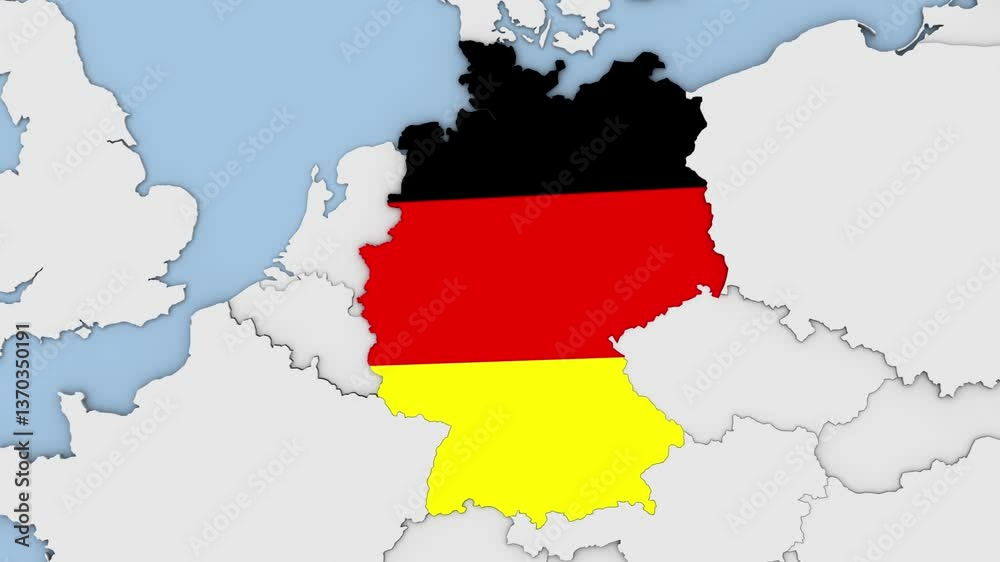 3d rendered animation of Germany on the Europe map with their national flag