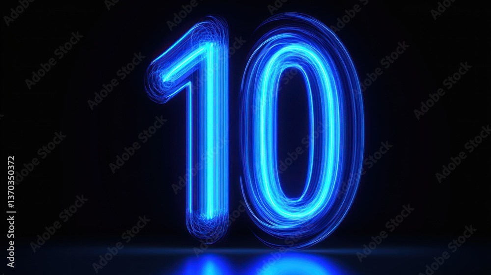 Glowing blue neon number 10 on a dark background. Futuristic illustration. Glowing blue neon number 10 on a dark background. Futuristic illustration.