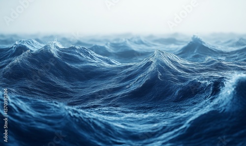 a vast expanse of rough, textured sea, depicting strong waves in shades of blue. The scene evokes a sense of power and motion, with a hint of mist on the horizon
