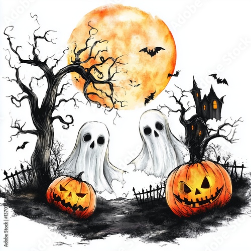 Haunted Halloween scene with ghosts and pumpkins, halloween background with pumpkins and ghosts, generative ai.