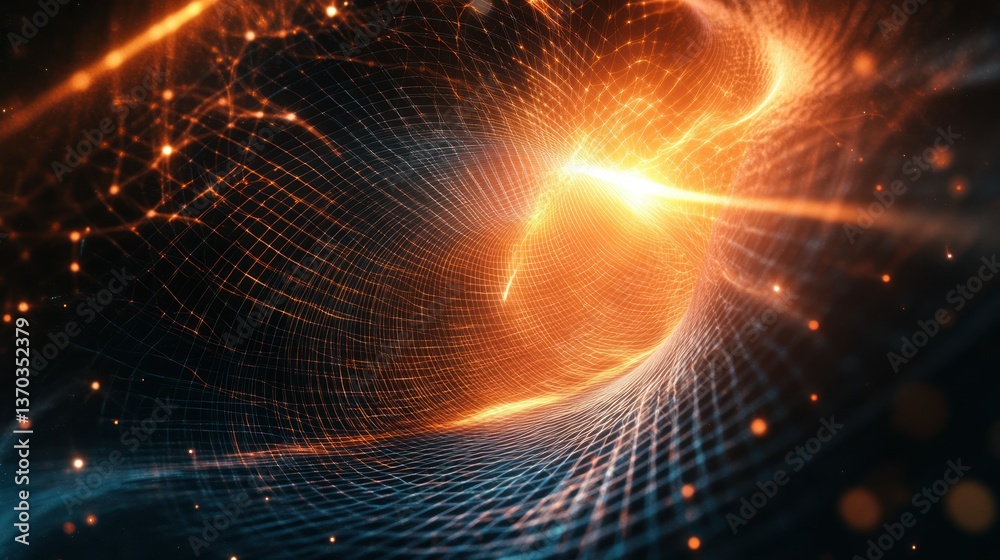 Obraz premium Abstract glowing tunnel of data and digital technology, orange and blue.