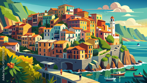 Magnificent daily view of the Manarola village in a sunny summer day. Manarola is one of the five famous villages in Cinque Terre (Five lands) National Park. Liguria, Italy, Europe