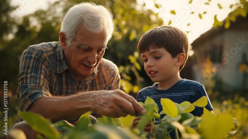Grandfather and grandson share a moment in the soybean field during golden hour while comparing the plants and discussing their growth