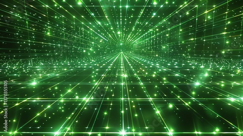 The image is a three-dimensional representation of a green grid. The grid is made up of tiny, glowing dots that are connected by lines.