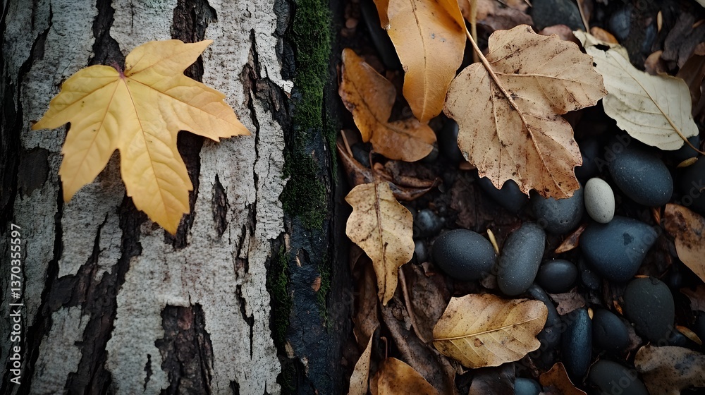 Autumn Leaves Tree Bark Stones Nature Background Autumn Leaves Tree Bark Stones Nature Background